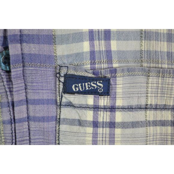 Guess Women's Small Purple Plaid Sleeveless Hooded Button Down Shirt - Picture 9 of 12